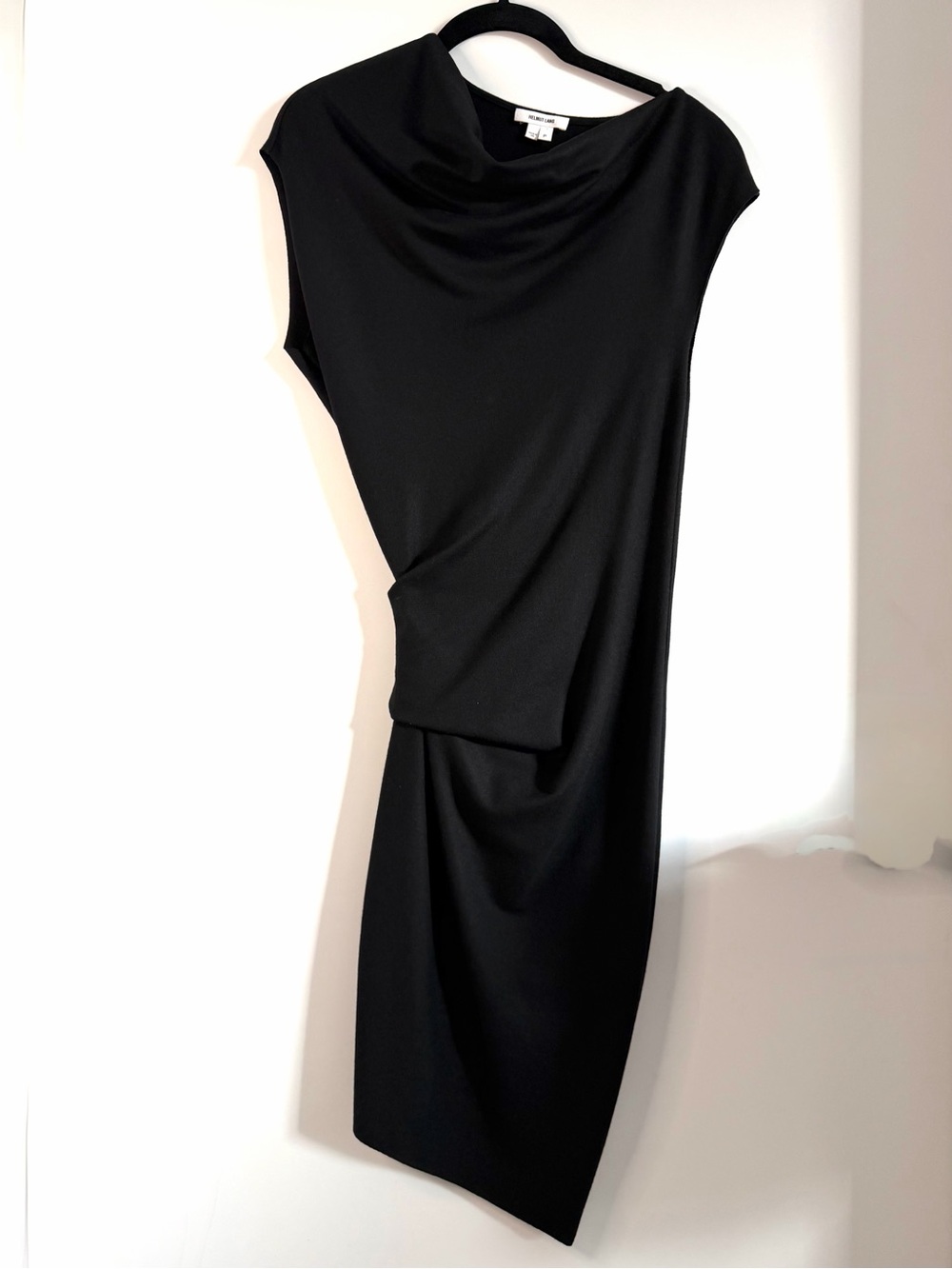 NWOT Helmut Lang Black Asymmetrical Draped Cap Sleeve 100%Wool Midi Dress sz P
